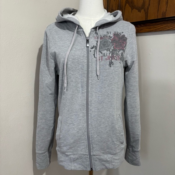 Y2K Grey Graphic Athletic Sporty Zip Up Hooded Lightweight Jacket Size Small - Picture 2 of 12